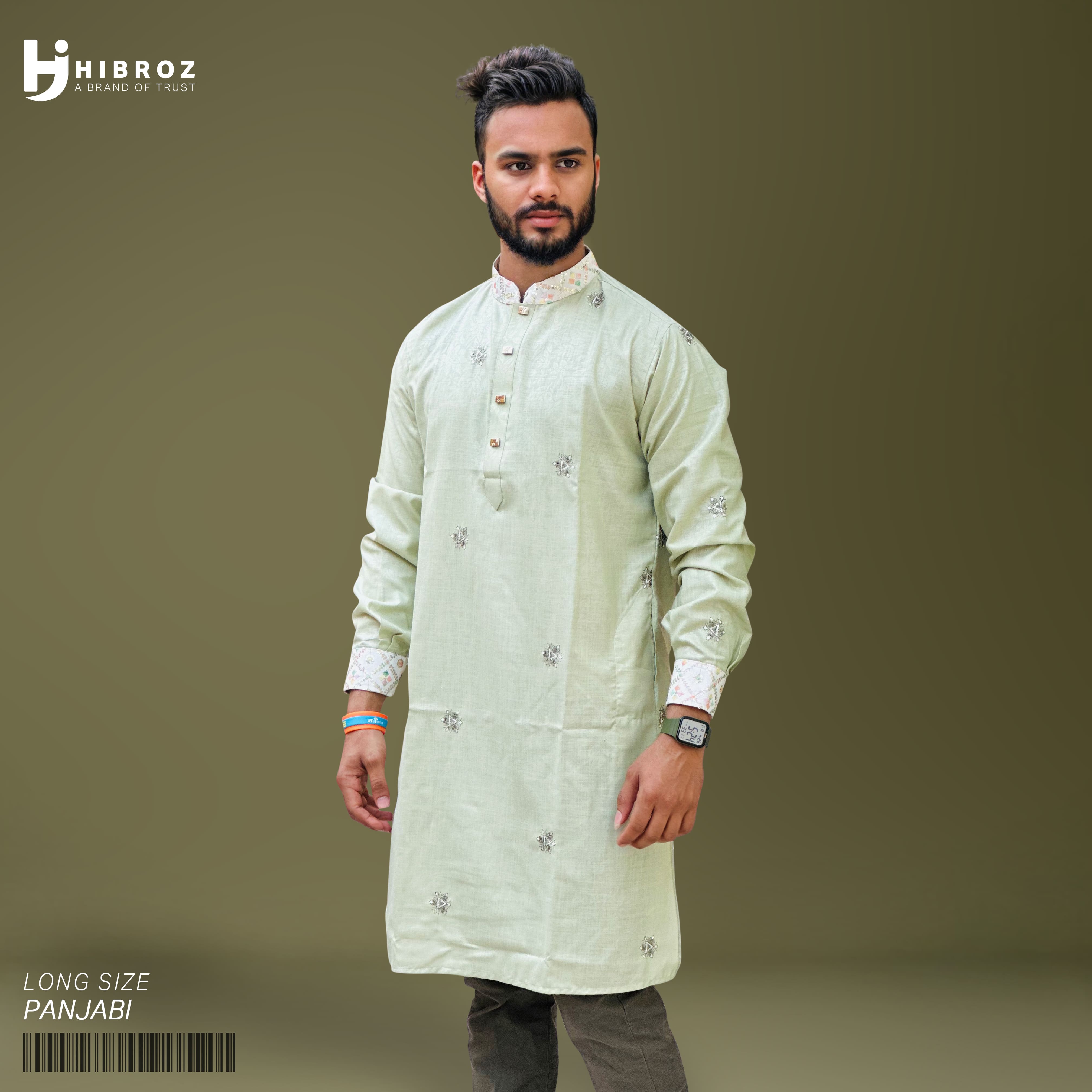 .Ivory tie-dyed cotton slim fit panjabi with white embroidery. Features in-seam side pockets.